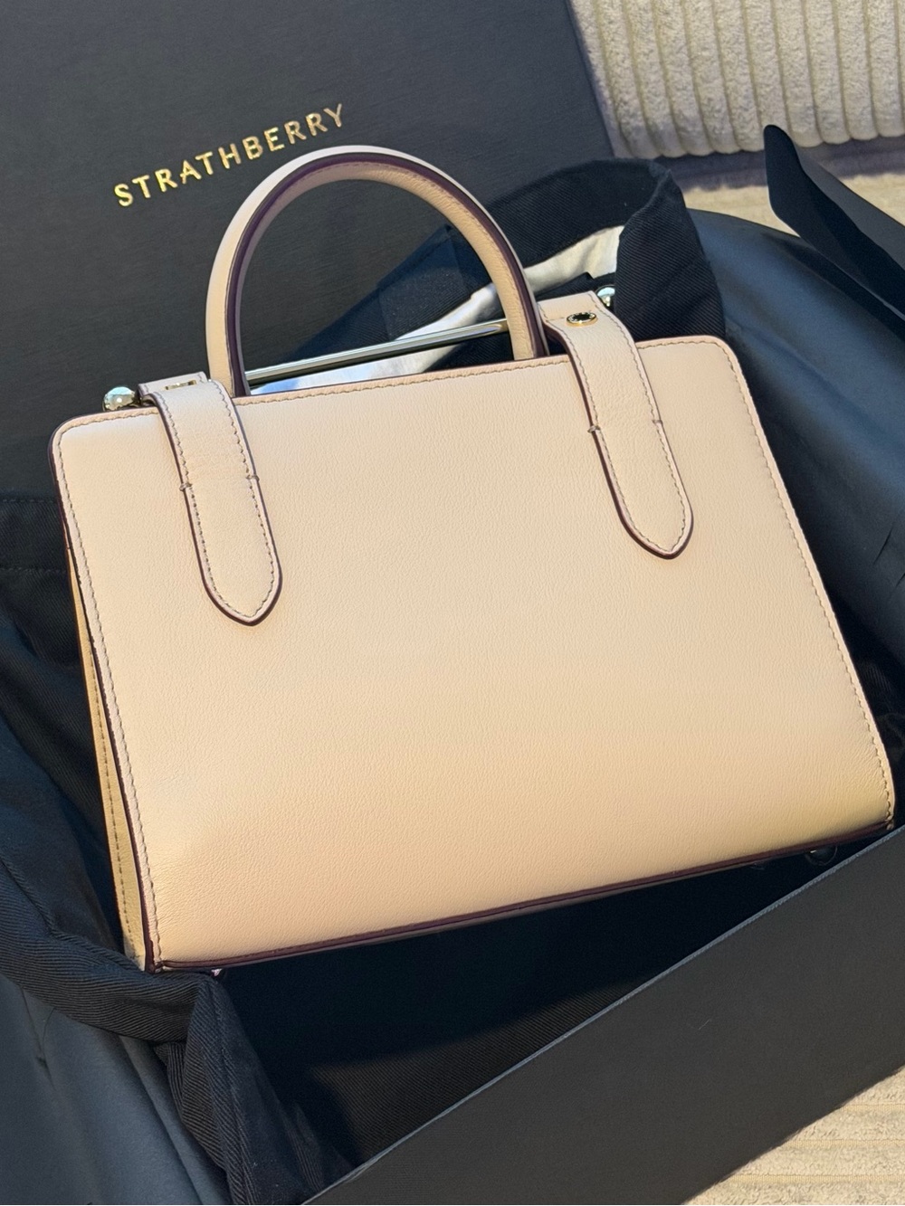 Strathberry Oat Mini Tote with Gold Bar Detail (new in a box with a dust bag) - Picture 4 of 14